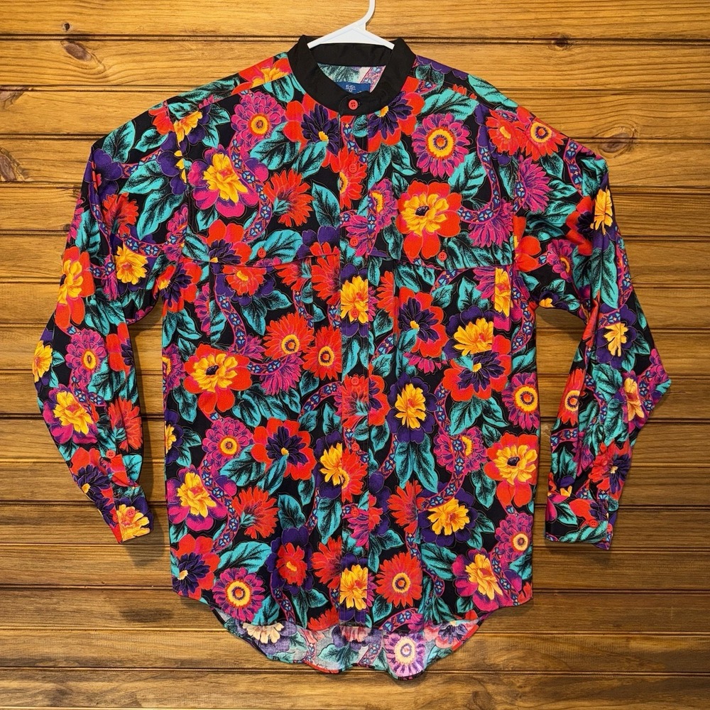 Vintage Wrangler Brushpop Mens Size Medium 15 15.5 Floral AOP Band Collar 90s